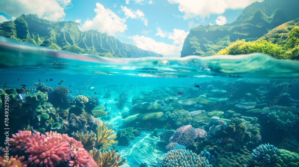 A view of a coral reef in the foreground with towering mountains in the background. The underwater scene shows colorful coral, fish, and other marine life thriving in their natural habitat.