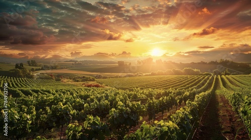 The sun is seen setting over a lush vineyard, casting a warm glow over the ripening grapes. Rows of grapevines stretch into the distance, with the vibrant colors of the sky reflecting on the leaves. photo