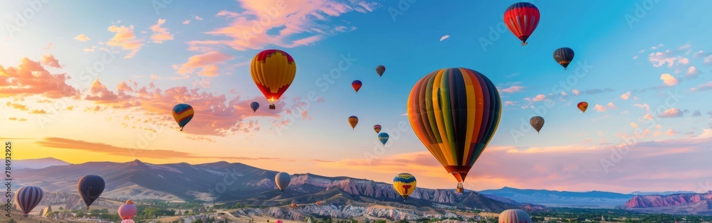 A collection of colorful hot air balloons dot the sky as they gracefully float in the air, creating a stunning visual spectacle against the backdrop of the clear blue sky.
