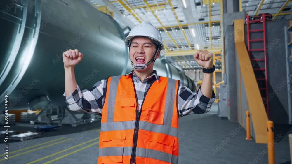 Asian Male Engineer With Safety Helmet Screaming Goal And Dancing Celebrating While Standing In Pipe Manufacturing Factory Asian Male Engineer With Safety Helmet Screaming Goal And Dancing Celebrating While Standing In Pipe Manufacturing Factory