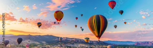 A collection of colorful hot air balloons dot the sky as they gracefully float in the air, creating a stunning visual spectacle against the backdrop of the clear blue sky.