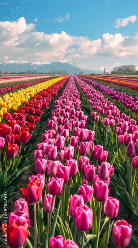 Wallpaper Mural A field filled with blooming pink and yellow tulips under the bright sunlight. The colorful flowers create a beautiful and lively landscape. Torontodigital.ca