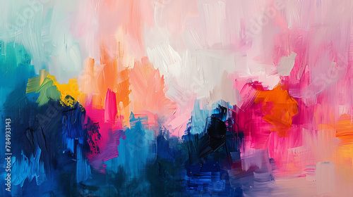 Colorful abstract painting with dynamic strokes of pink, blue, and orange on a canvas, ai generated