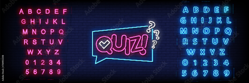 Neon Sign quiz on brick wall background with the alphabet - obrazy, fototapety, plakaty 