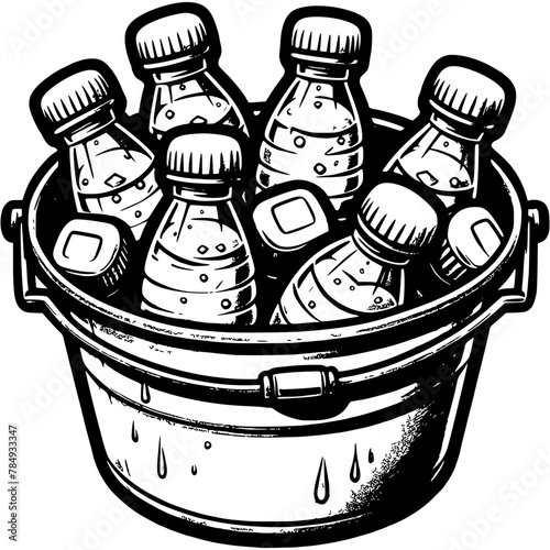 Metal drink bucket filled with cold water bottles and ice. Cold water storage accessories. Simple minimalistic vector in black ink drawing on transparent background