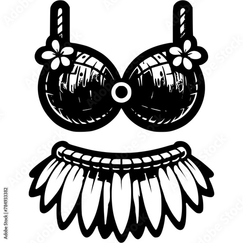 Traditional women skirt and bra made of palm leaves and coconuts in monochrome. Ritual Hawaiian women clothing. Simple minimalistic vector in black ink drawing on transparent background