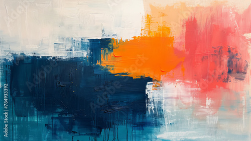 Minimalistic abstract painting with broad strokes of blue, orange, and red, ai generated