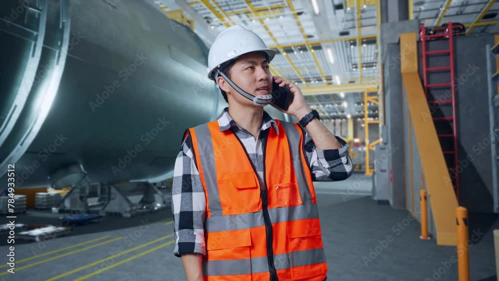 Asian Male Engineer With Safety Helmet Talking On Smartphone While Standing In Pipe Manufacturing Factory Asian Male Engineer With Safety Helmet Talking On Smartphone While Standing In Pipe Manufacturing Factory