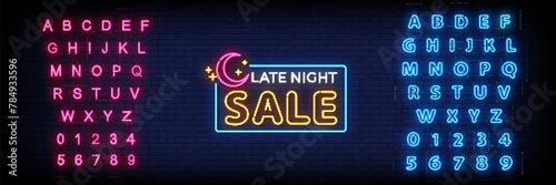 Neon Sign late night sale on brick wall background with the alphabet