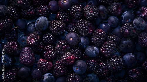 A mix of boysenberries, olallieberries, and dewberries on a dark background. These seedless fruits are from the bramble plant family, making them delicious natural foods photo
