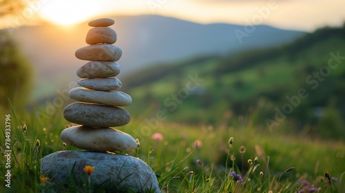 A circle of stones gradually becoming a complete cairn in a serene landscape, symbolizing the stepbystep process of emotional healing photo