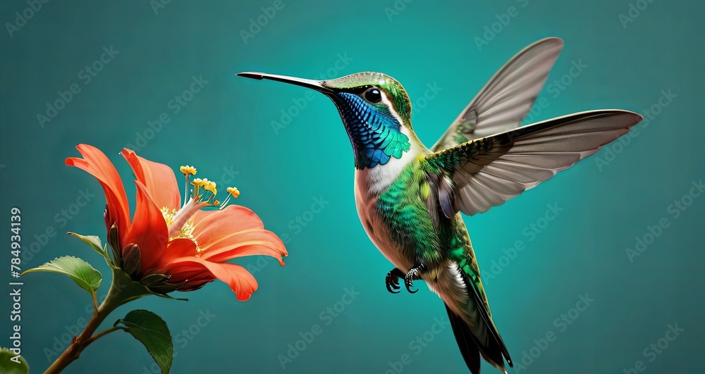 Hummingbird with Vibrant Feathers Pollinating a Red Flower