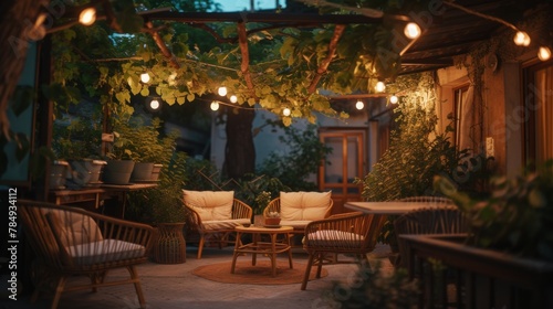 Simple patio furniture and string lights surrounded by greenery at night
