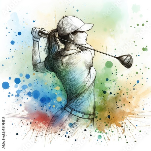 Golf player in watercolor illustration with Generative AI.