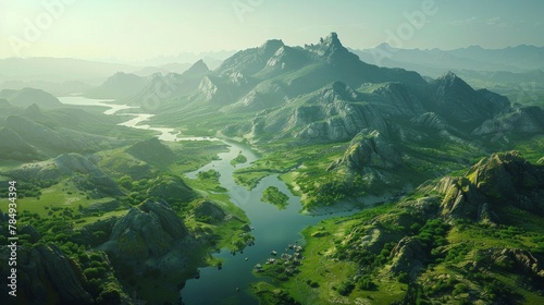 Aerial majesty of mountains, river carving through center, verdant valleys, AI Generative