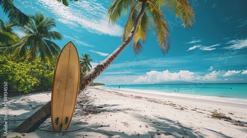 A surfing board kept near a palm tree with a big space on sand for text or product advertisement on sea shore, Generative AI. © Electro Unicorn