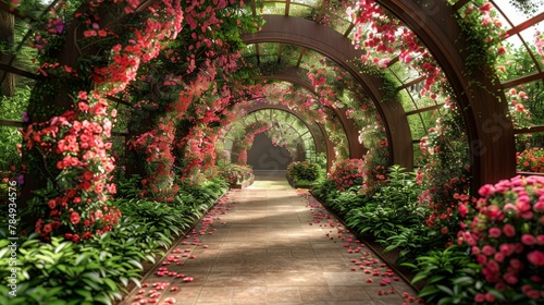 Enchanted fairytale garden, secret pathways under flower arches, vibrant greenery, a digital backdrop of magical beauty, AI Generative © sorapop
