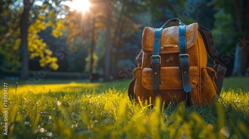 Education outdoors, a school bag stands on lush grass, blending learning with nature, sunny day, soft focus, AI Generative photo
