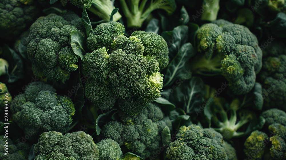 A stack of leafy green broccoli, a leaf vegetable, sits on a table resembling a miniature landscape in the forest, symbolizing natural foods A stack of leafy green broccoli, a leaf vegetable, sits on a table resembling a miniature landscape in the forest, symbolizing natural foods