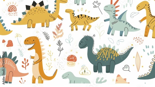 Seamless repeat pattern of cartoon dinosaurs  featuring a collection of cute and adorable dino doodles  AI Generative