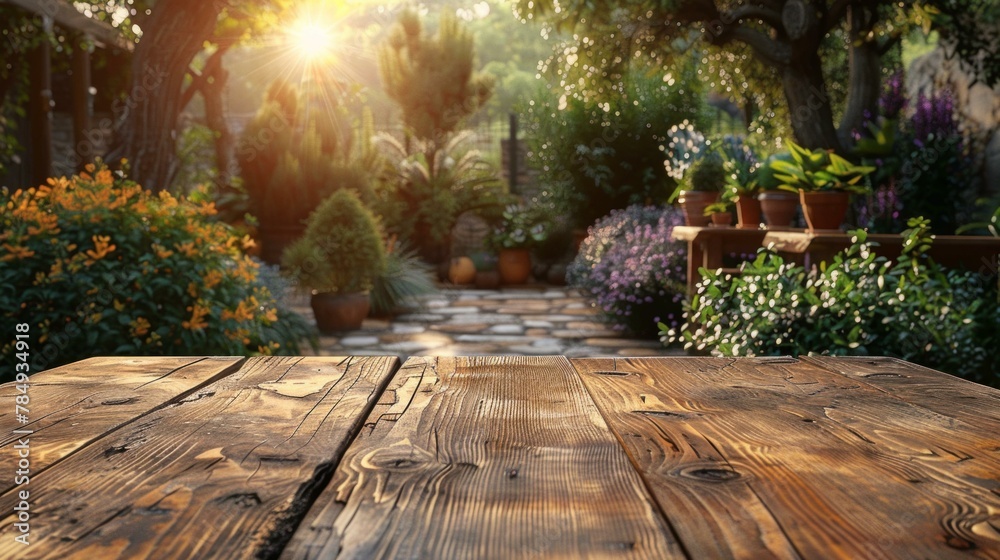 Obraz premium Wooden table in focus with a blurred garden party background, an inviting space for your display, AI Generative