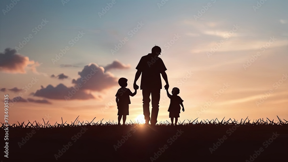 Father's Guiding Hand - Silhouette of Dad Walking with Kids at Sunset Father's Guiding Hand - Silhouette of Dad Walking with Kids at Sunset