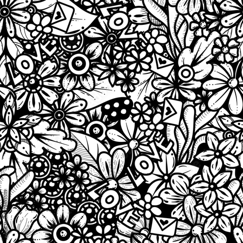 Seamless pattern with floral scribble motifs, Hand drawn with scribble textures and floral elements,