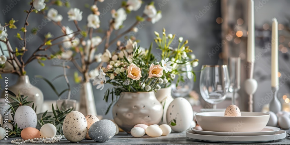 Easter holiday table with Easter eggs in a plate, spring flowers in a vase. The interior of the living room in the background. Easter holiday table with Easter eggs in a plate, spring flowers in a vase. The interior of the living room in the background.