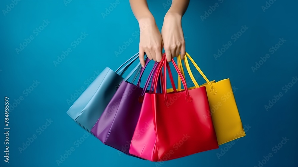 Shopping bags in female hand on blue background, close-up