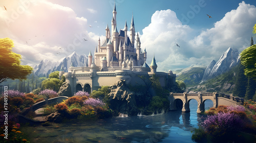 Landscape of a valley with a river and castles on the mountains in fantasy style with blue sky background
 photo