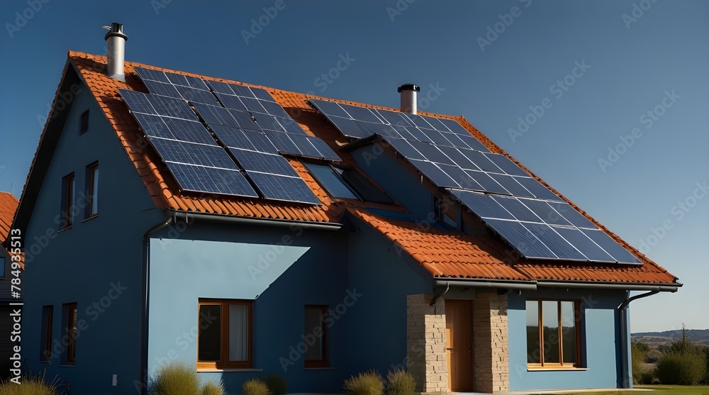 Image of house with solar panels against blue background.generative.ai 