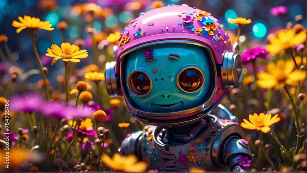 cute robot in the meadow of flowers. animated looped video. cute robot in the meadow of flowers. animated looped video.