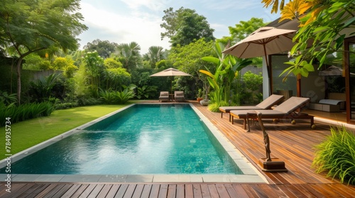 Swimming pool in garden, Wooden floor swimming pool in backyard