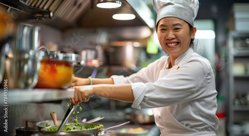 A smiling female chef is adding herbs to the pot of food in front of her  wearing white and a tall hat on her head against a professional kitchen