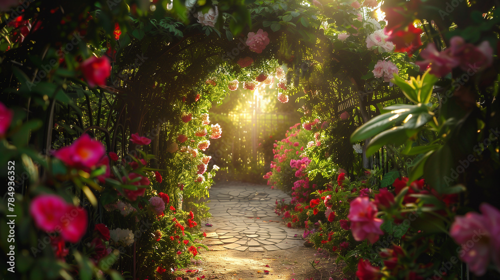 The sunlight beams through a floral tunnel in the garden, illuminating the vibrant petals of various flowers and lush green grasses