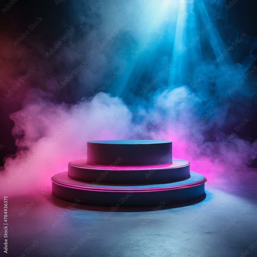 podium with pedestal,an empty podium amidst a backdrop of dark smoke, providing neon light pink blue light background a dramatic product platform