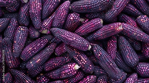 A backdrop of an array of erratically strewn purple corn full frame view deleterious food healthy eating and space, Generative AI.