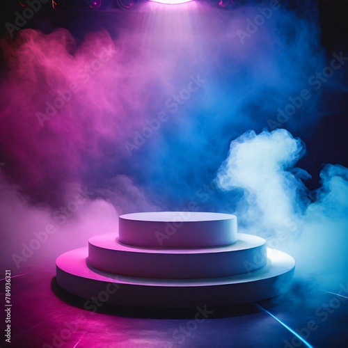 podium with carpet,an empty podium amidst a backdrop of dark smoke, providing neon light pink blue light background a dramatic product platform