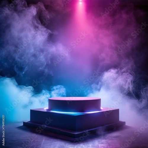 magic book of clouds,an empty podium amidst a backdrop of dark smoke, providing neon light pink blue light background a dramatic product platform