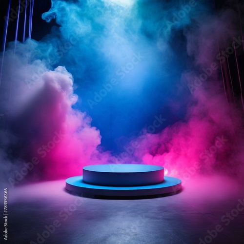 magic wand,an empty podium amidst a backdrop of dark smoke, providing neon light pink blue light background a dramatic product platform