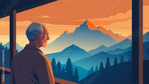 The wrinkled face of an elderly man is illuminated by the warm glow of the rising sun as he takes in the breathtaking view of jagged peaks and #784936378