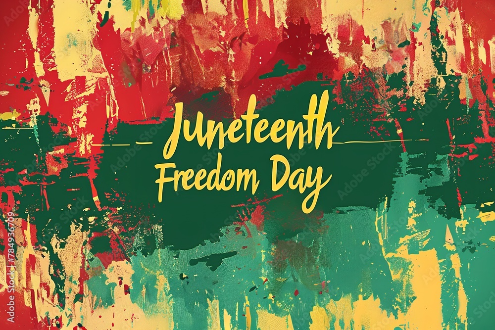 Illustration of a backdrop with a concept of Juneteenth day with vibrant colors and the word Happy Juneteenth Day written on it, Generative AI.