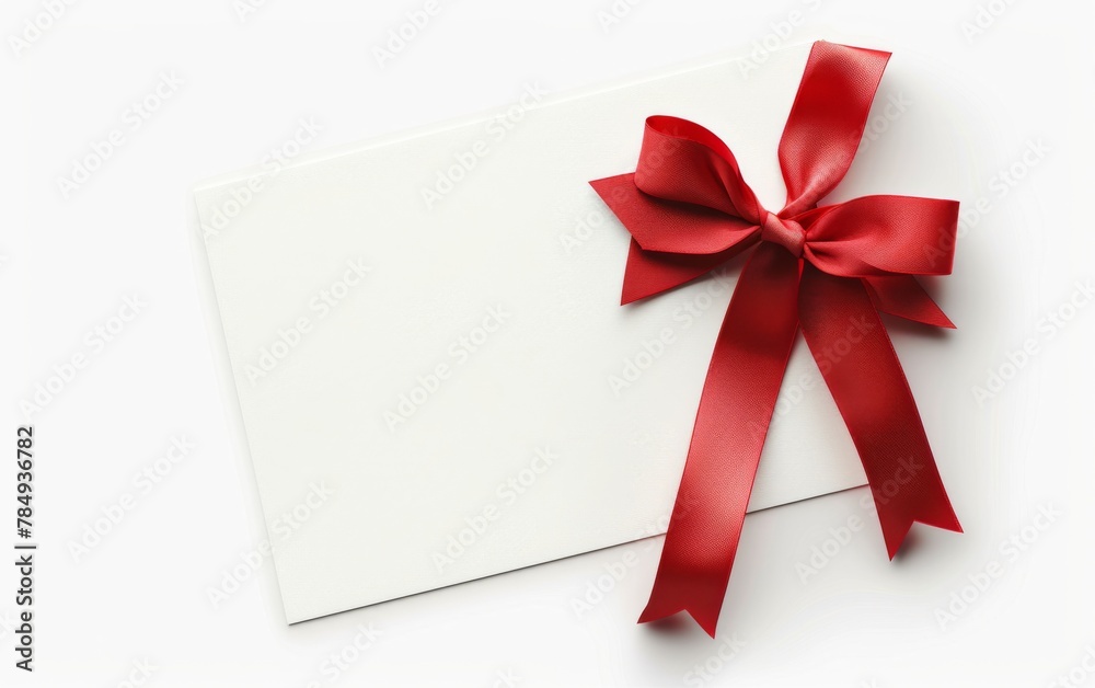 close up of a note card with ribbon bow on white background close up of a note card with ribbon bow on white background