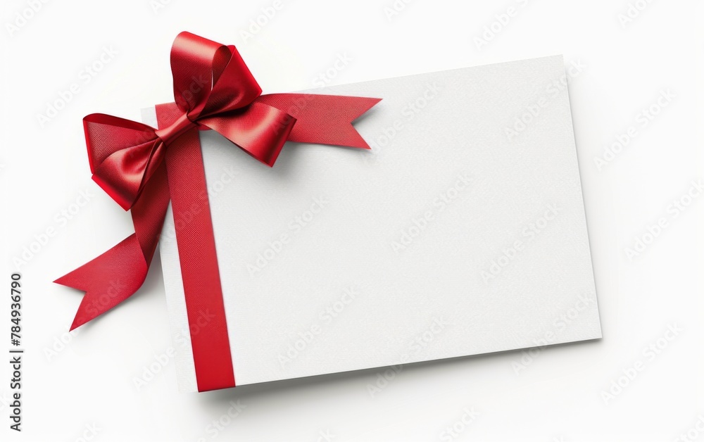 close up of a note card with ribbon bow on white background close up of a note card with ribbon bow on white background