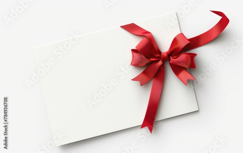 close up of a note card with ribbon bow on white background