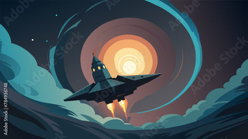 The monstrous spaceship its jagged edges and pulsating engines giving off an otherworldly glow inched its way into the unfathomable depths of