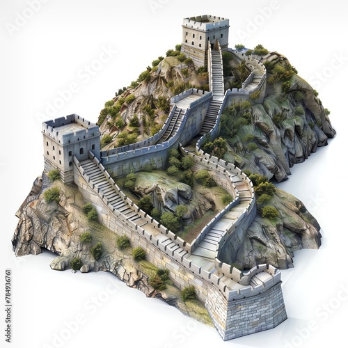 3D icon, Great Wall of China, panoramic view, realistic, on white background