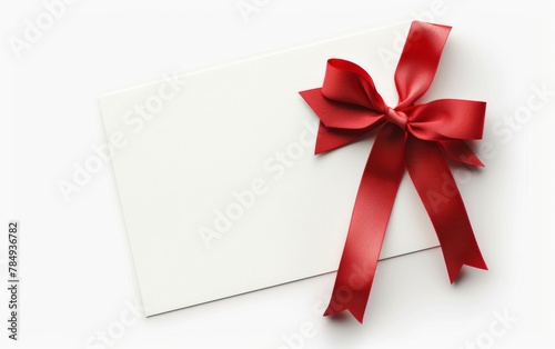 close up of a note card with ribbon bow on white background