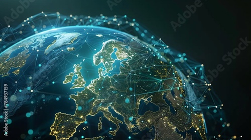 a holographic globe showing a map of the continent of Europe. data traffic technology concept on the european continent. internet bandwidth at the speed of light. ai generative