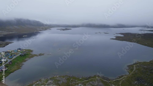 Greenland Nanortalik Arctic Soccer Field Aerial Destination. Norwegian Village Remote Fishing Town. photo